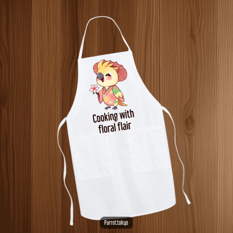 Funny apron featuring a delighted parrot in a floral kimono, holding a tiny blossom. Perfect for adding flair to cooking.