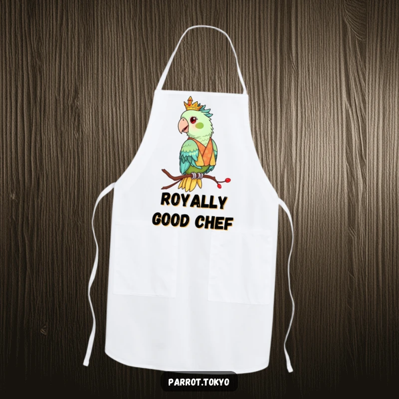 Funny apron with a regal parrot in an ornate kimono, perched elegantly. Sophisticated and practical kitchen wear.