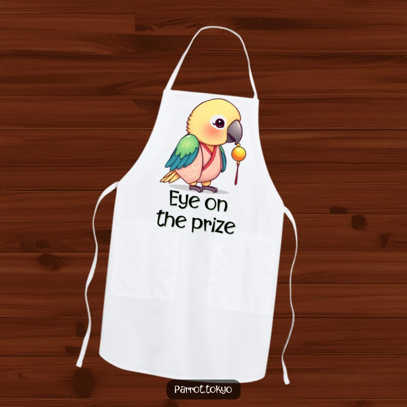 Funny apron with a curious parrot in a silk kimono, pecking at a shiny bead. Practical and amusing for the kitchen.