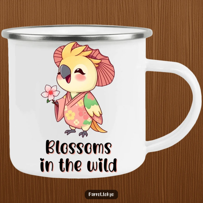 Funny camping mug featuring a delighted parrot in a floral kimono, offering a tiny blossom. Perfect for nature lovers.