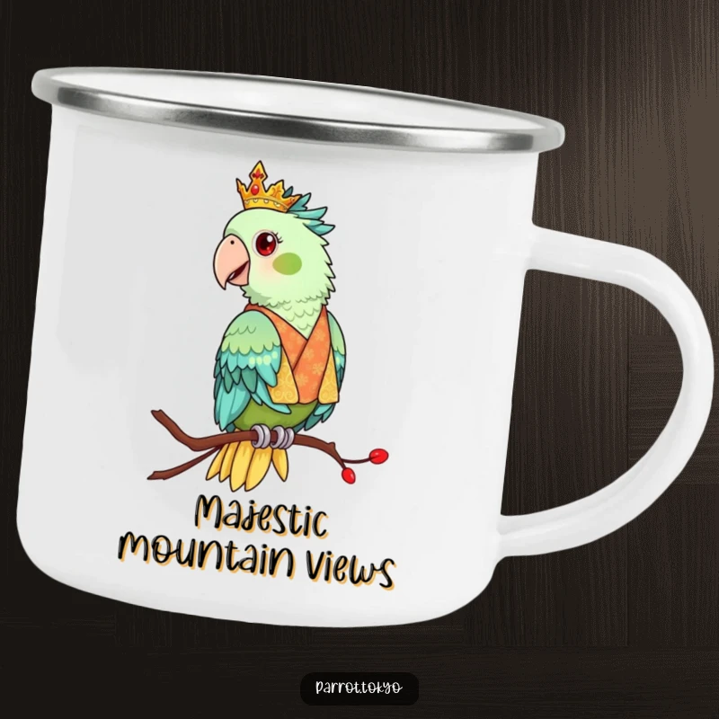 Funny camping mug with a regal parrot in an ornate kimono, perched elegantly. For the sophisticated outdoor enthusiast.