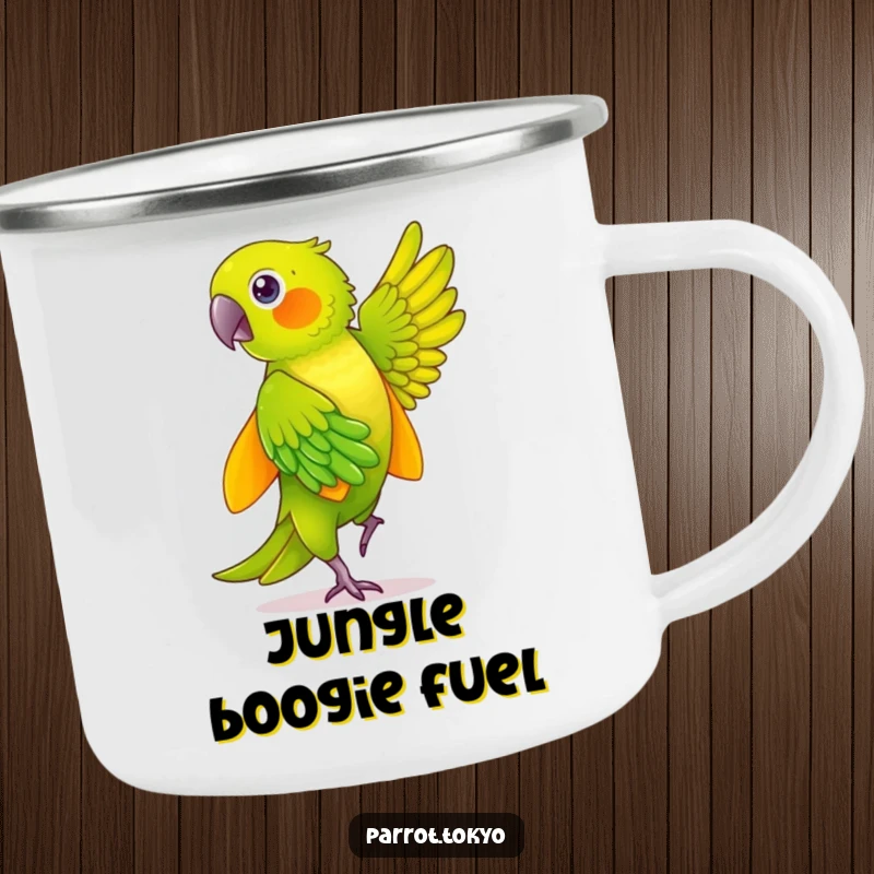Funny green parrot in a yellow kimono, mid-dance with shimmering feathers, on a rugged and humorous camping mug.