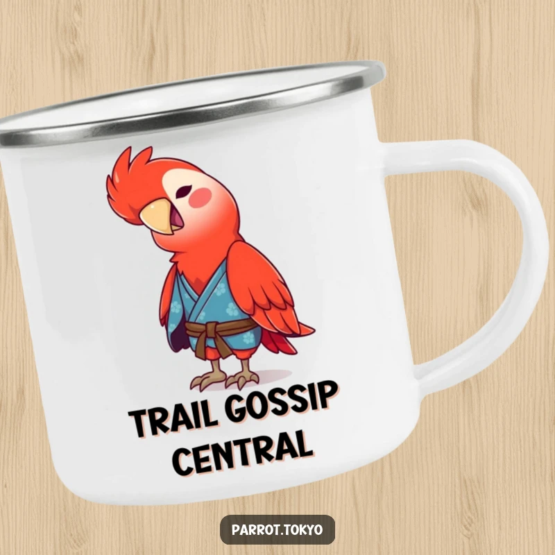 Funny red parrot in a blue kimono, tilting its head with a chirp, on a rugged and humorous camping mug.