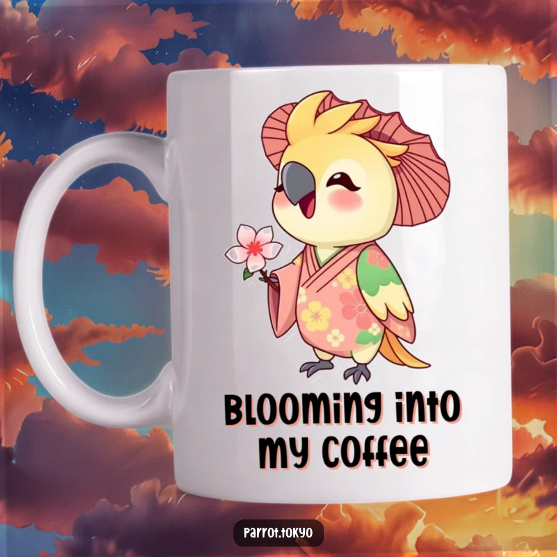 Funny mug featuring a delighted parrot in a floral kimono, gracefully offering a tiny blossom with a sweet expression.