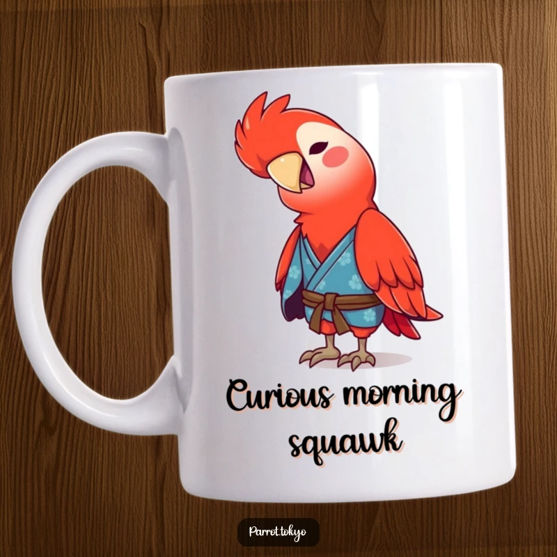Funny red parrot wearing a blue kimono, tilting its head inquisitively with a playful chirp, on a humorous mug.