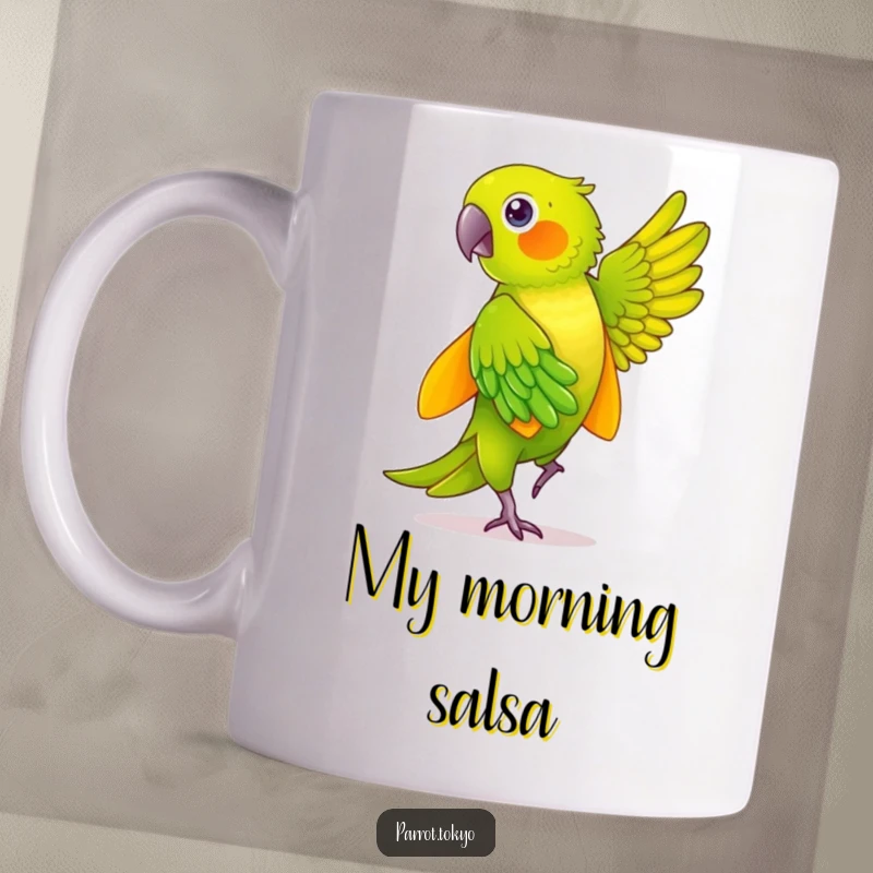 Funny green parrot in a yellow kimono dancing gracefully, feathers shimmering brightly, bringing joy and humor to this mug.
