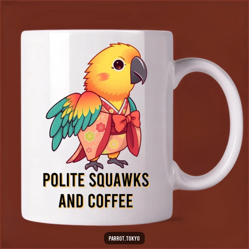 Funny Parrot Kimono Mug: Vibrant Greetings with Graceful Flair