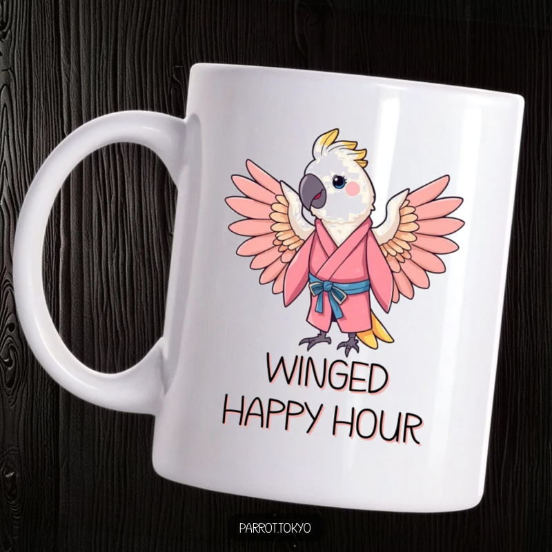 Funny cheerful parrot in a vibrant pink kimono, spreading its wings in a gentle arc, bringing smiles.