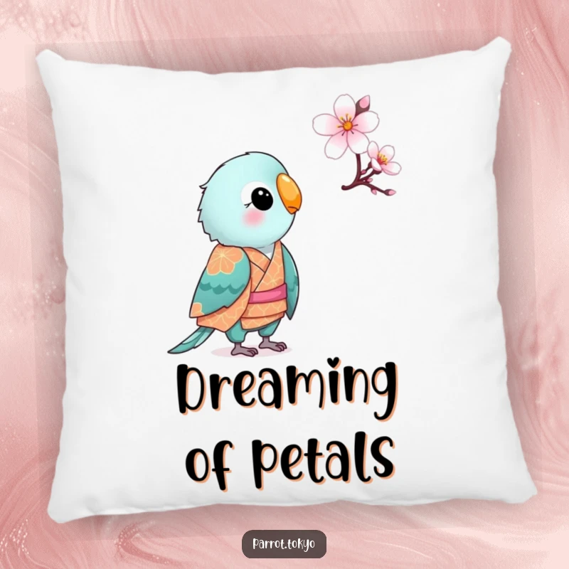 Funny small parrot in a patterned kimono, looking curiously at a cherry blossom, on a soft and humorous pillow.