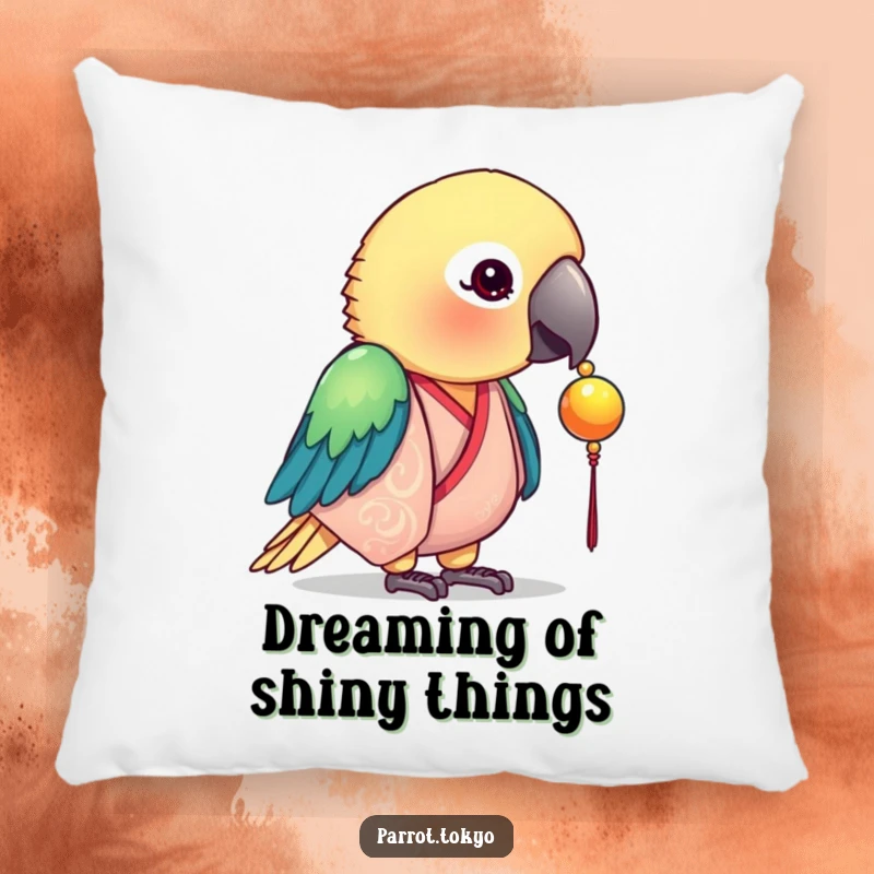 Funny pillow featuring a curious parrot in a silk kimono, focused on a shiny bead. Adds comfort and whimsy.