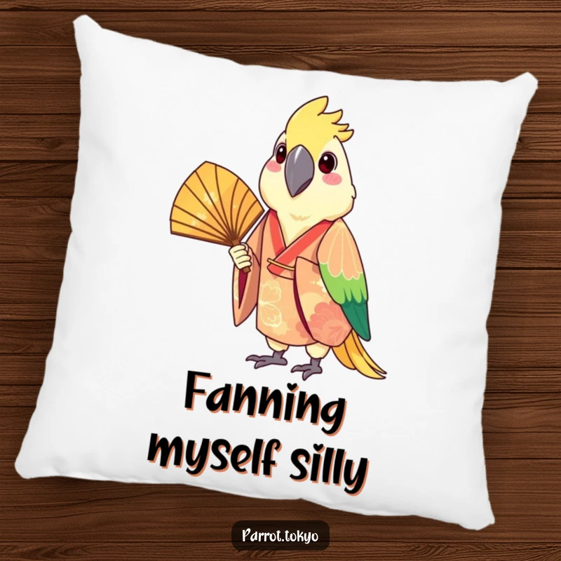 Funny pillow featuring a cheerful parrot in a festive kimono, holding a fan, adding a touch of whimsy and comfort.