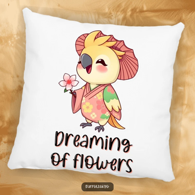 Funny pillow with a delighted parrot in a floral kimono, holding a tiny blossom. Adds comfort and whimsical appeal.
