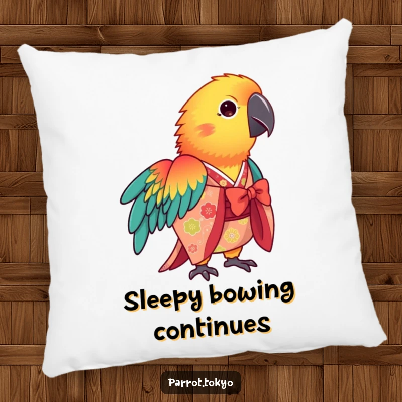 Funny vibrant parrot wearing a patterned kimono, bowing gracefully, printed on a soft, humorous pillow.