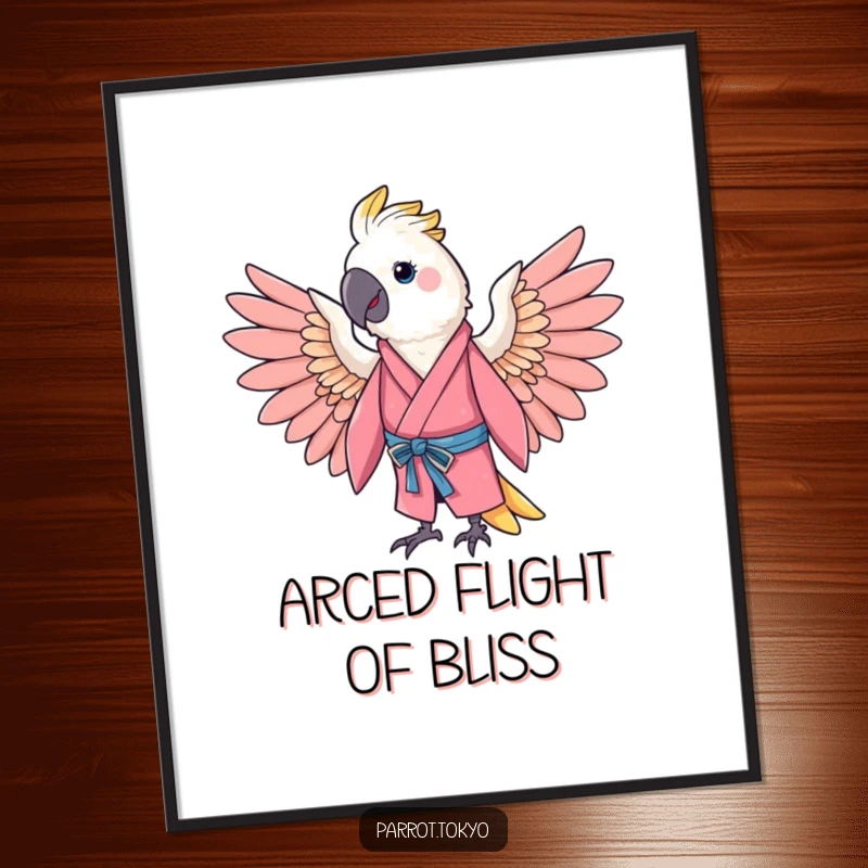 Funny cheerful parrot in a pink kimono, spreading its wings in a gentle arc, as a joyful digital art print.