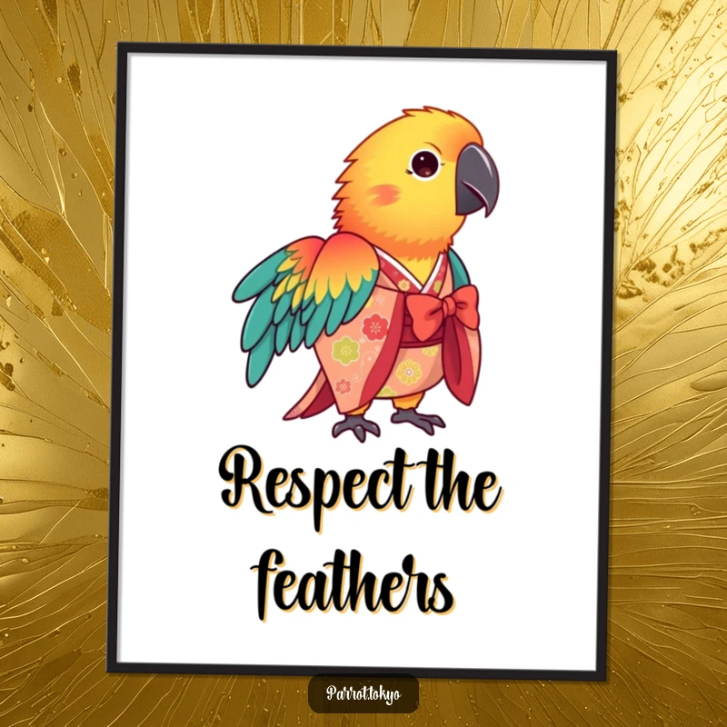 Funny vibrant parrot wearing a patterned kimono, bowing gracefully, as a digital art print.