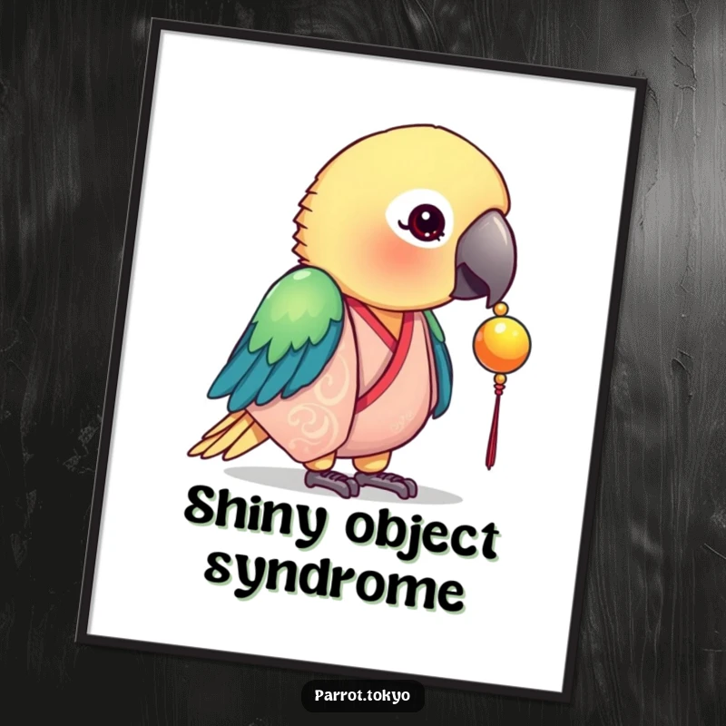 Funny digital art print of a curious parrot in a silk kimono, pecking at a shiny bead. Intriguing and artistic.