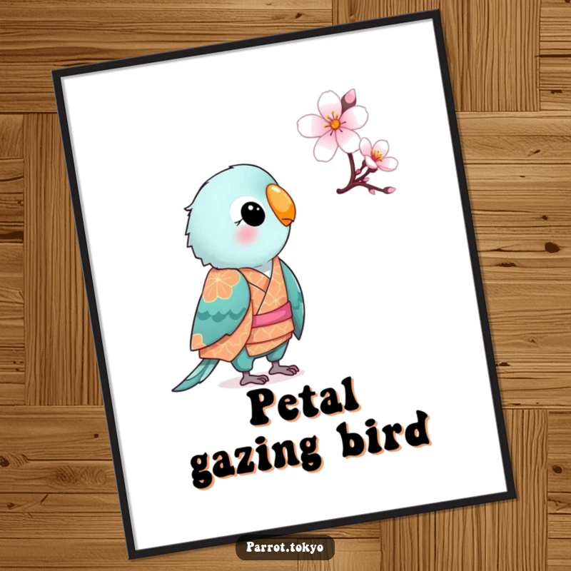 Funny small parrot in a patterned kimono, looking curiously at a cherry blossom, as a serene digital art print.