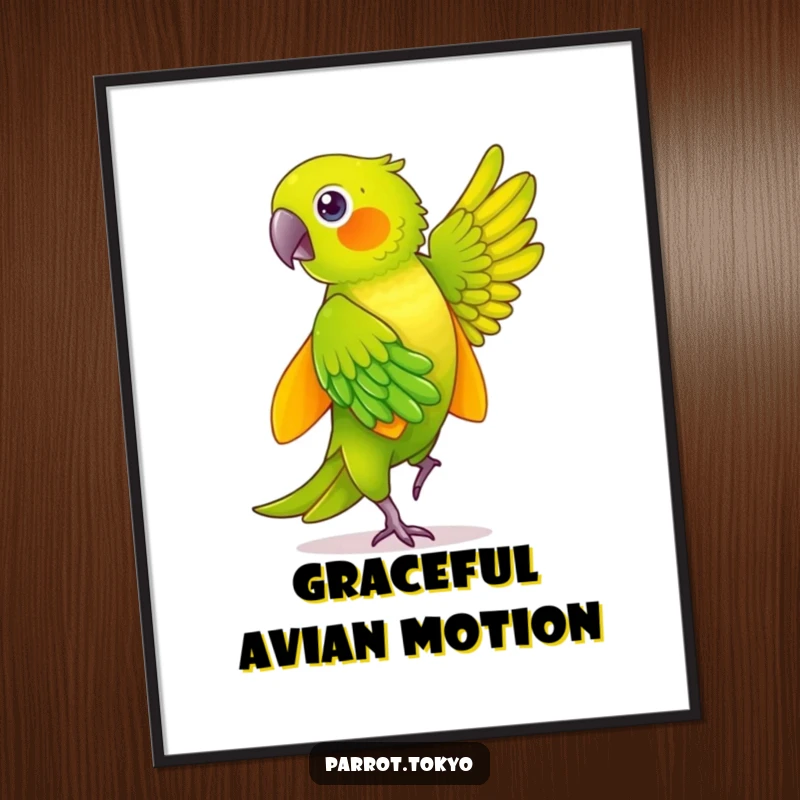 Funny green parrot in a yellow kimono, feathers shimmering during a graceful dance, as a vibrant digital art print.