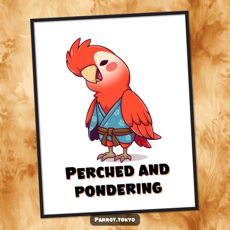 Funny red parrot in a blue kimono, tilting its head with a playful chirp, as a charming digital art print.