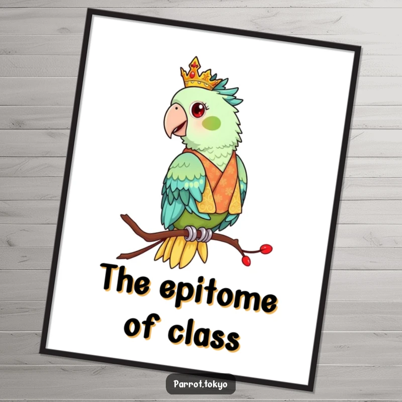 Funny digital art print of a regal parrot in an ornate kimono, perched elegantly. Sophisticated and artistic.