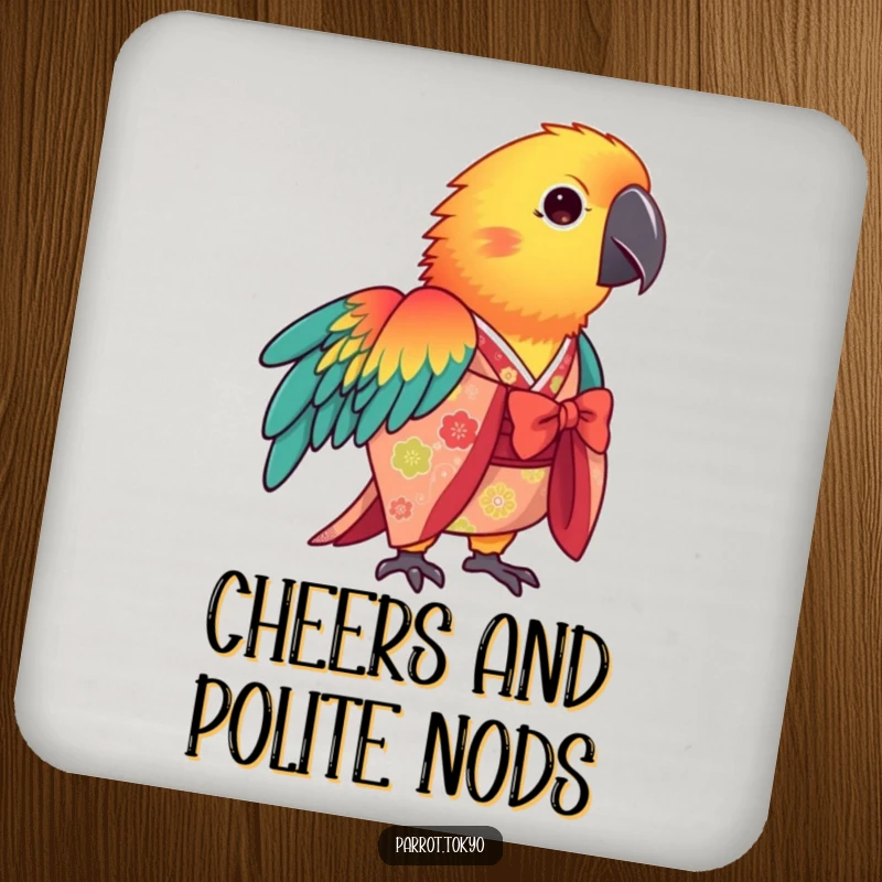 Funny vibrant parrot in a patterned kimono, bowing gracefully on this colorful, humorous coaster.