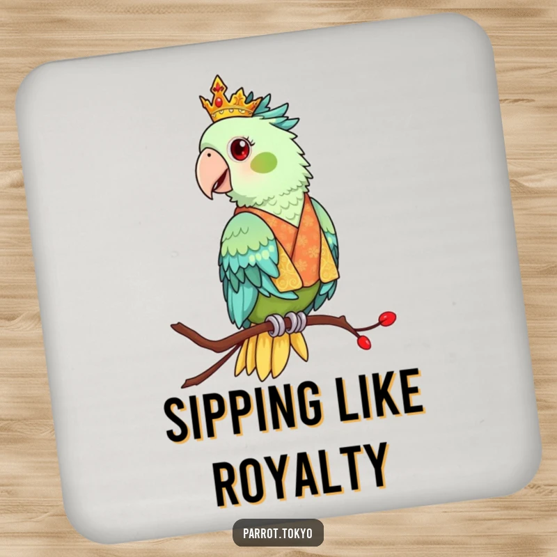 Funny drink coaster featuring a regal parrot in an ornate kimono, perched elegantly. Protects surfaces with class.