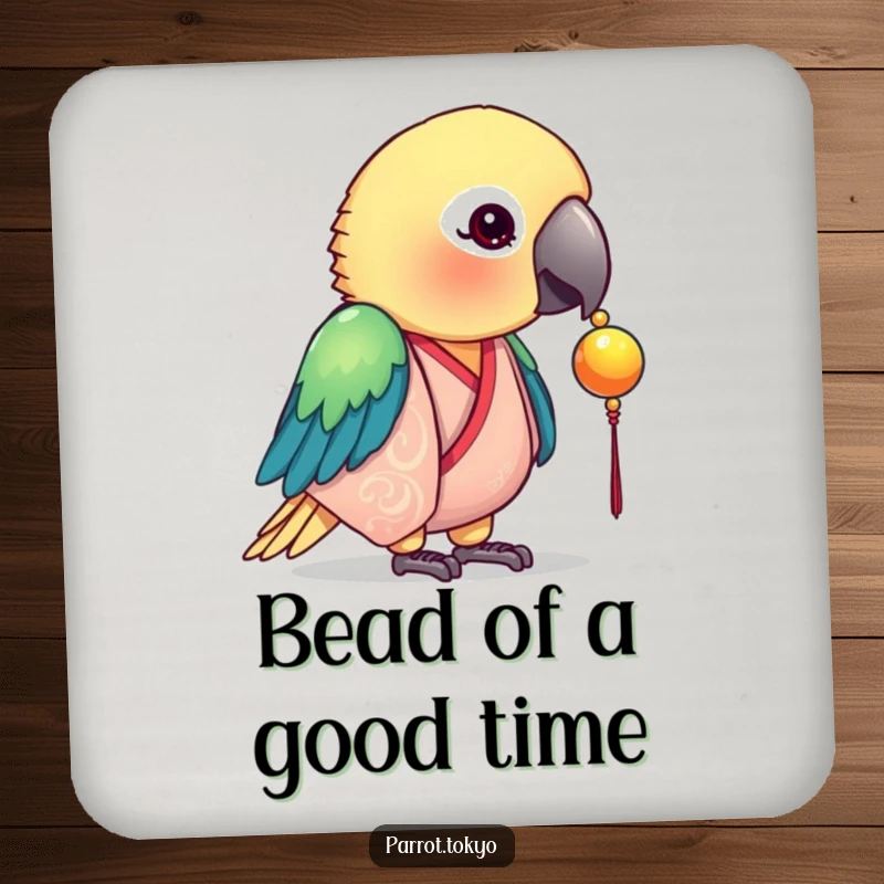 Funny drink coaster featuring a curious parrot in a silk kimono, focused on a shiny bead. Protects surfaces with style.
