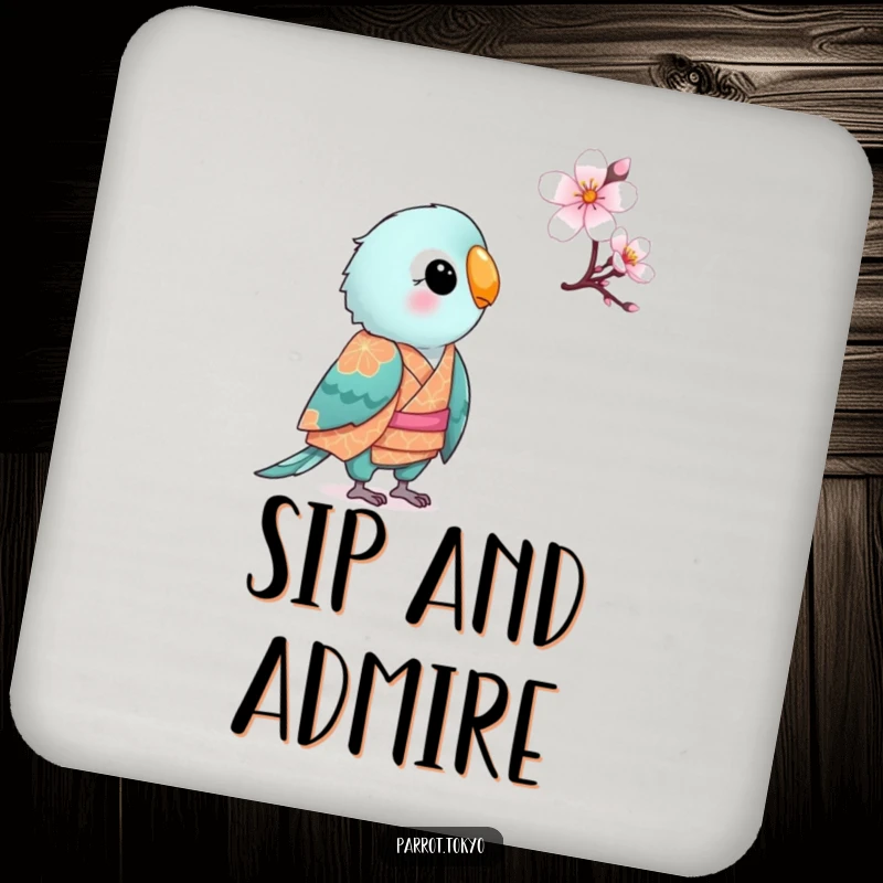 Funny small parrot in a patterned kimono, looking curiously at a cherry blossom, on a humorous and serene drink coaster.
