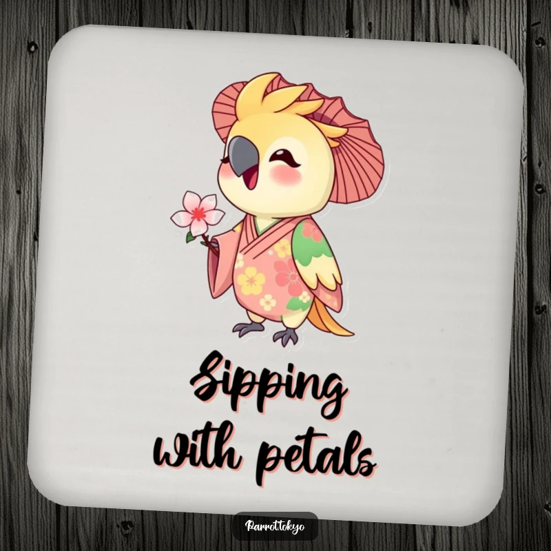 Funny drink coaster with a delighted parrot in a floral kimono holding a tiny blossom. Adds a touch of nature and humor.