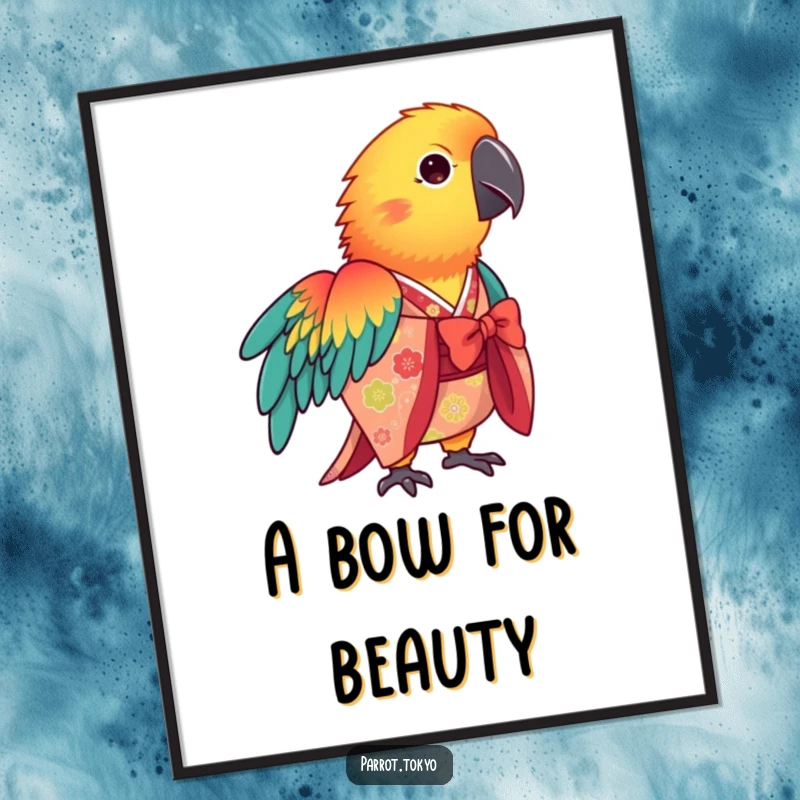 Funny vibrant parrot wearing a patterned kimono, bowing elegantly, displayed on a colorful, humorous poster.