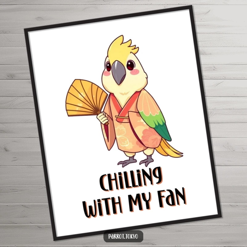 Funny poster print of a cheerful parrot in a vibrant, festive kimono, holding a delicate fan. Whimsical and eye-catching wall art.