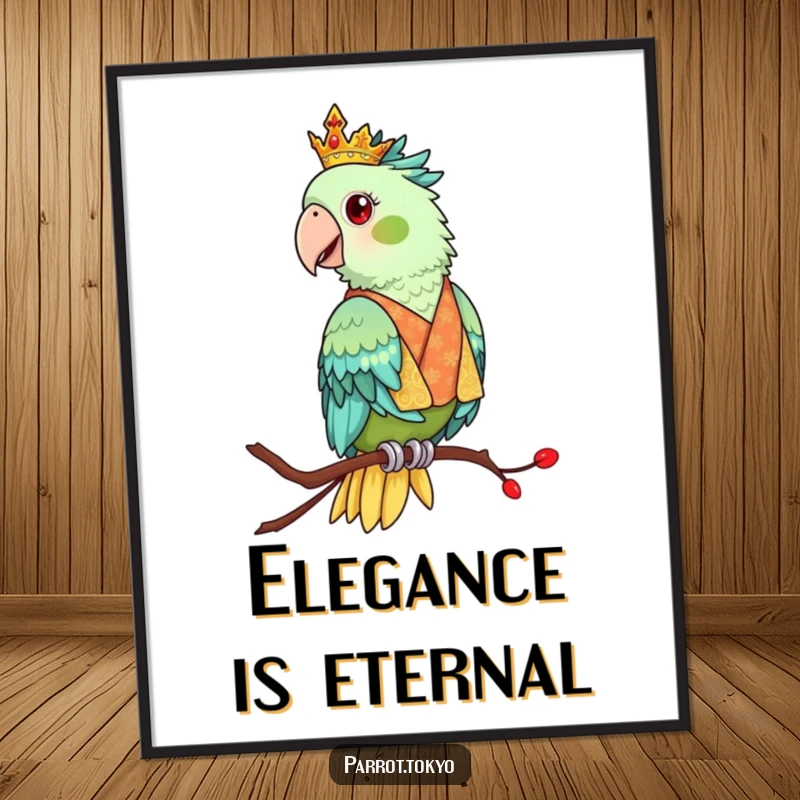 Funny poster print of a regal parrot in an ornate kimono, perched elegantly. Sophisticated and artistic wall decor.