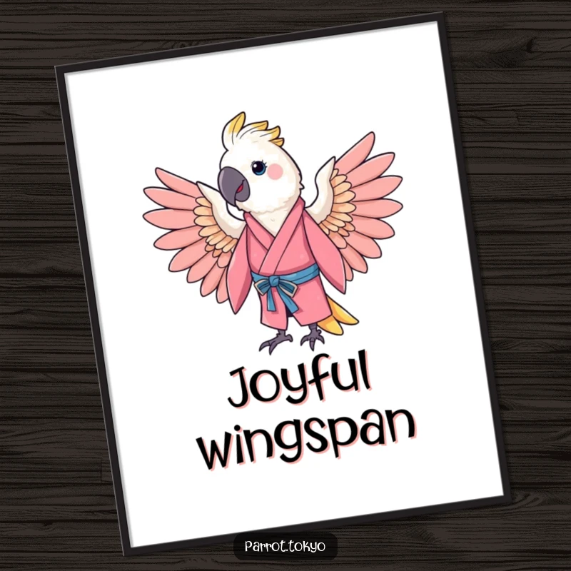 Funny cheerful parrot in a pink kimono, spreading its wings in a gentle arc, creating joyful and humorous wall art.