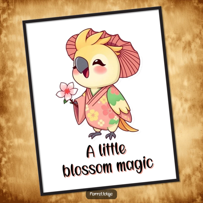 Funny poster print of a delighted parrot in a floral kimono offering a tiny blossom. A serene and humorous piece.