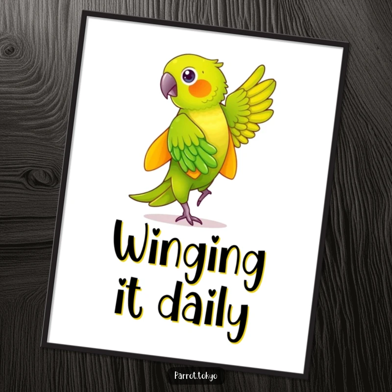 Funny green parrot in a dynamic dance pose, wearing a yellow kimono with shimmering feathers, creating humorous wall art.
