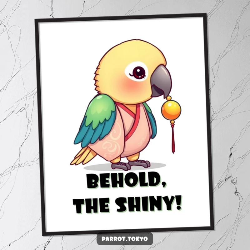 Funny poster print of a curious parrot in a silk kimono, intently pecking at a shiny bead. Whimsical and engaging wall art.