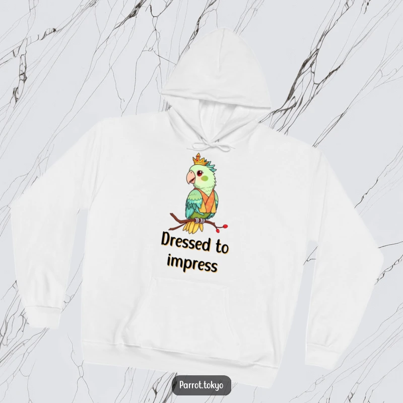 Funny hoodie featuring a regal parrot in an ornate kimono, perched elegantly. Cozy and sophisticated avian art.