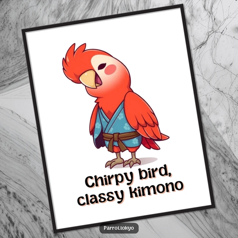 Funny Free Printable Wall Art: A red parrot in a traditional blue kimono tilting its head playfully.