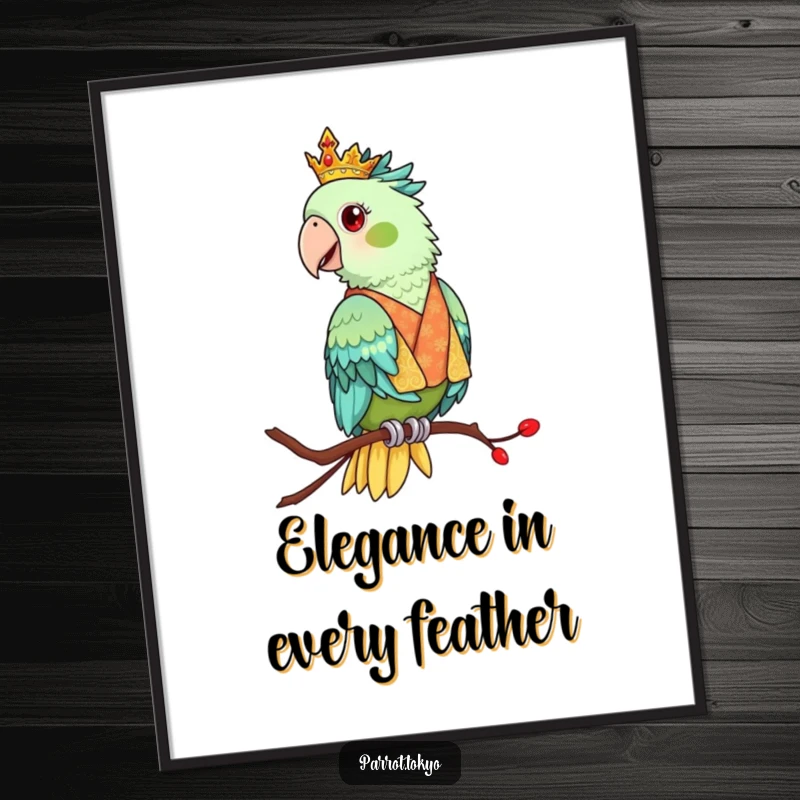 Funny Free Printable Wall Art: A regal parrot in an ornate kimono perches elegantly, bringing sophisticated humor to your walls.