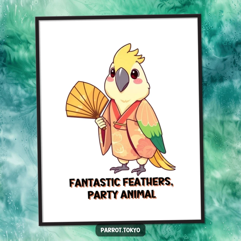 Funny Free Printable Wall Art: A cheerful parrot in a festive kimono holds a fan, bringing joy and humor to your decor.