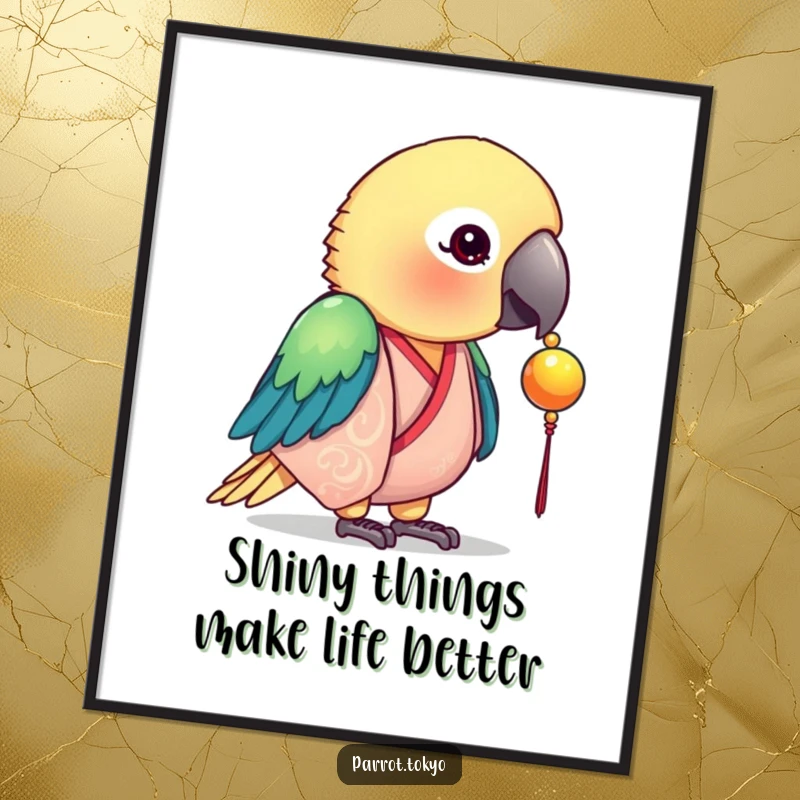Funny Free Printable Wall Art: A curious parrot in a silk kimono pecks at a shiny bead, adding playful decor.