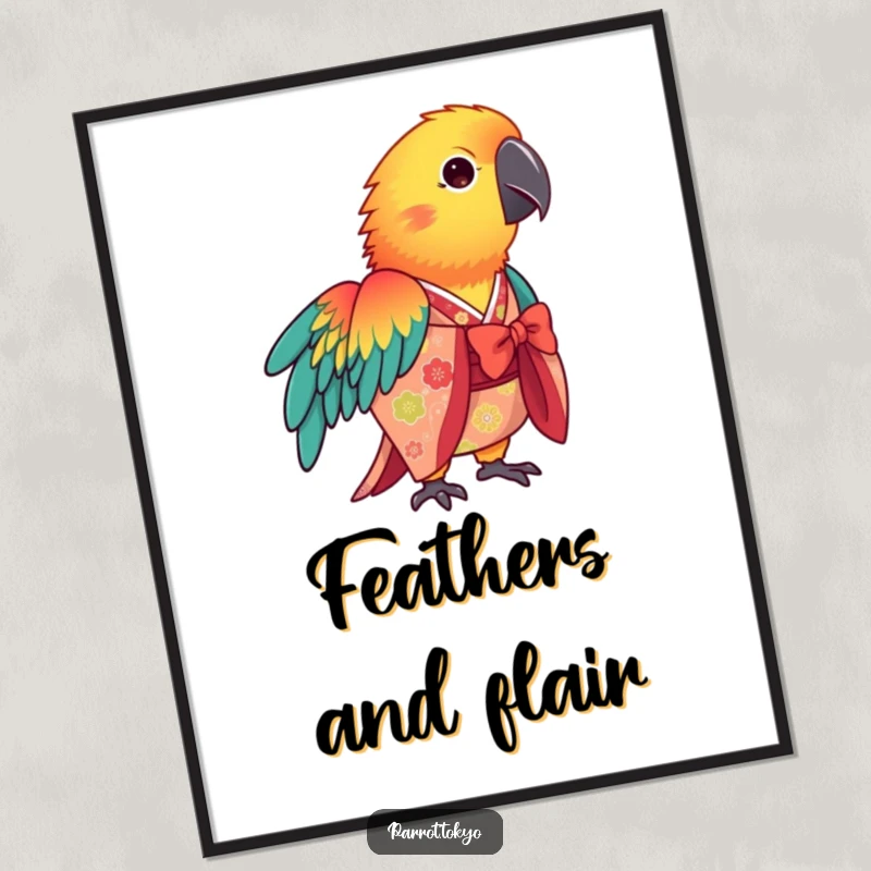 Vibrant free printable wall art showcasing a parrot in a patterned kimono performing a graceful bow.