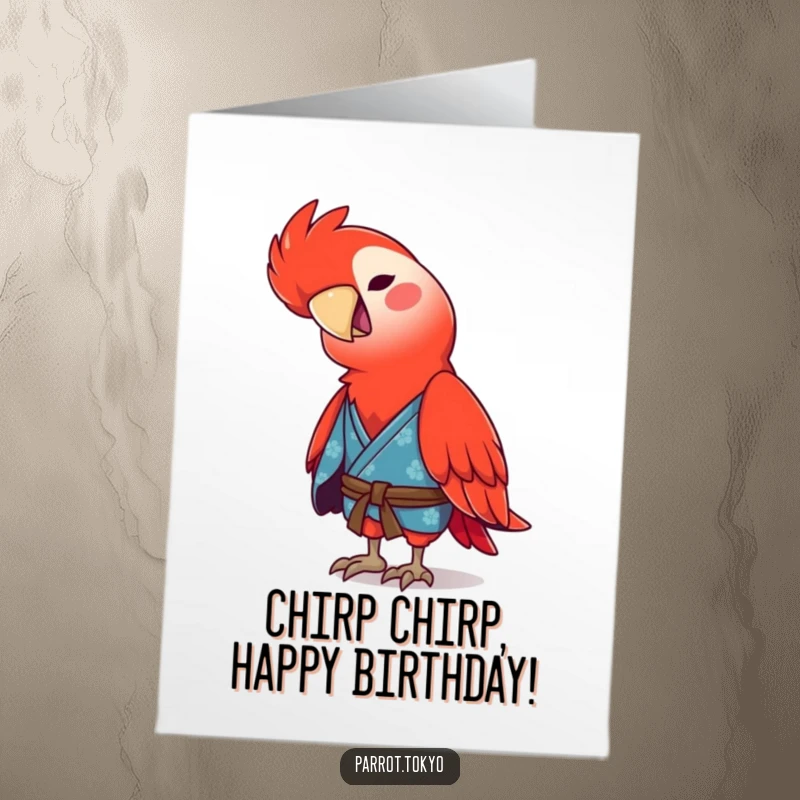 Funny Free Printable Birthday Card: Red parrot in a blue kimono tilting its head playfully.