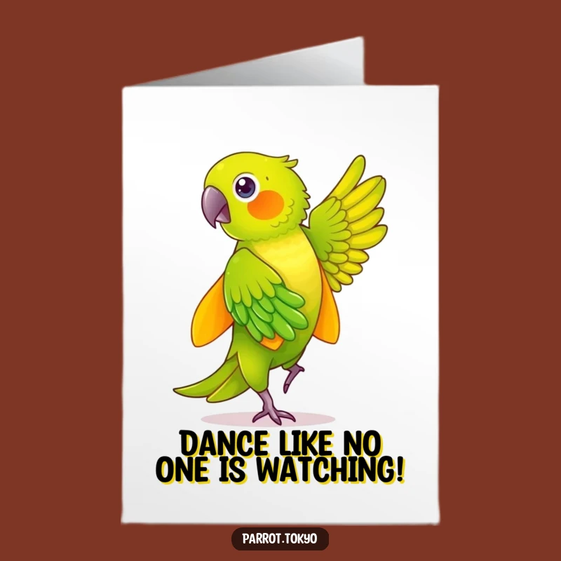 Free Printable Funny Parrot Birthday Card: Dancing Green Bird in Yellow Kimono