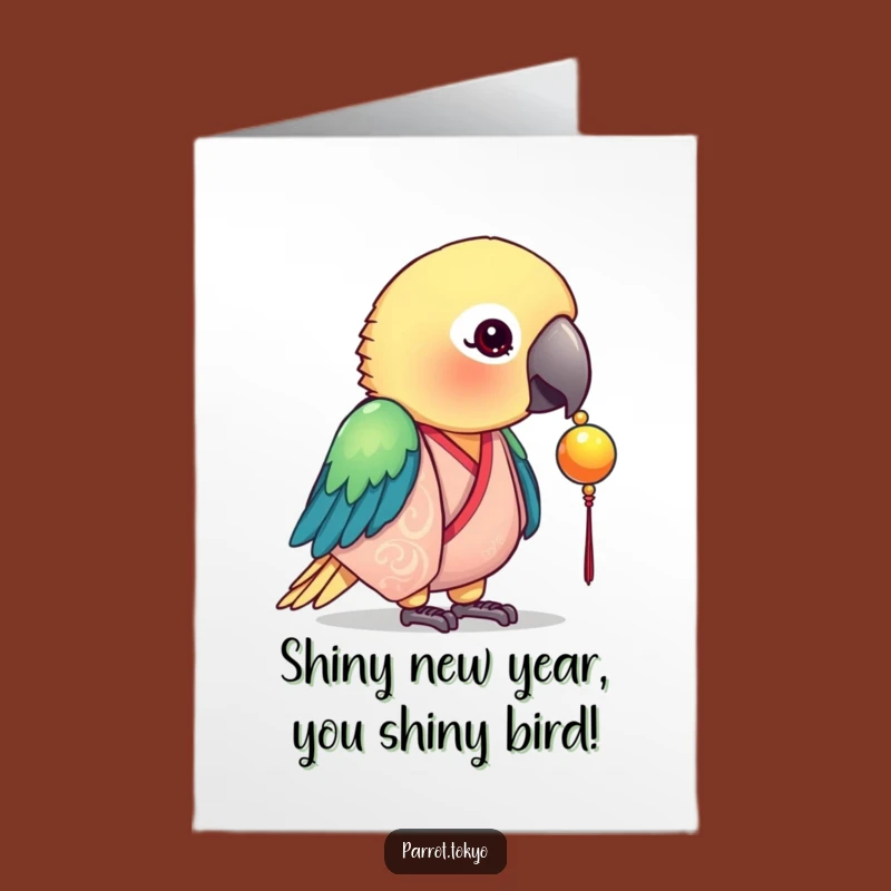 Free Printable Birthday Card: Curious Parrot in Silk Kimono Pecks Bead - Funny Downloadable Greeting