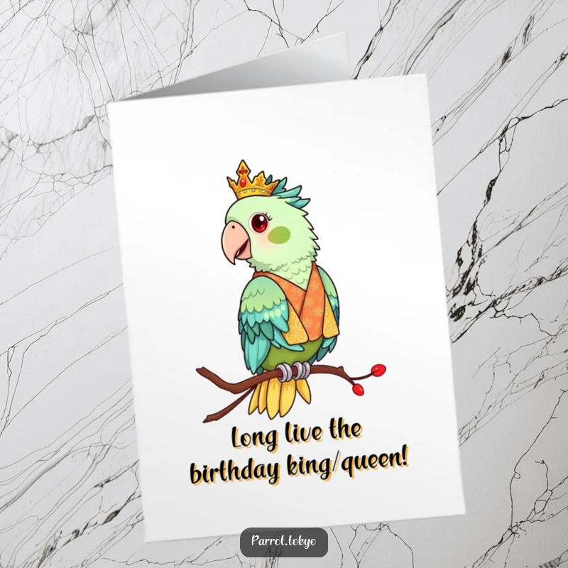 Funny Free Printable Birthday Card: A regal parrot in an ornate kimono perches elegantly, wishing a happy birthday.
