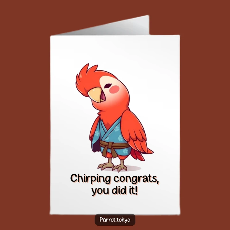Free Printable Congrats Card: Cheerful Red Parrot in Blue Kimono