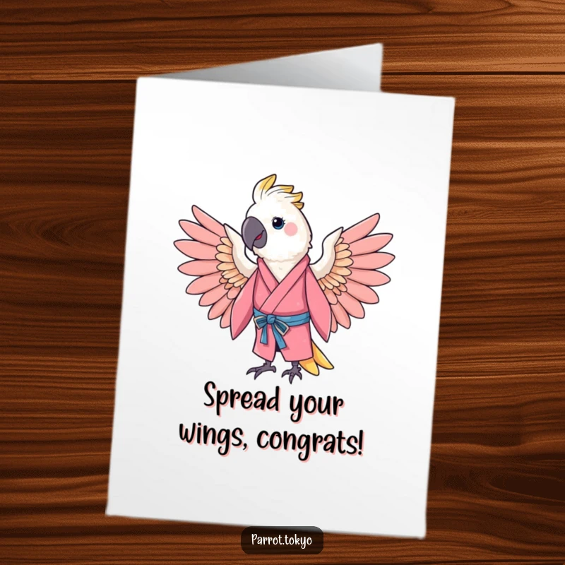 Funny Free Printable Congratulations Card: Cheerful parrot in a pink kimono spreading wings joyfully.