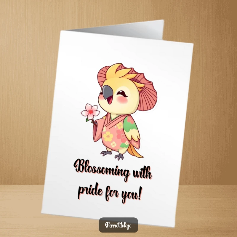 Funny Free Printable Congratulations Card: A delighted parrot in a floral kimono offers a tiny blossom to celebrate an achievement.