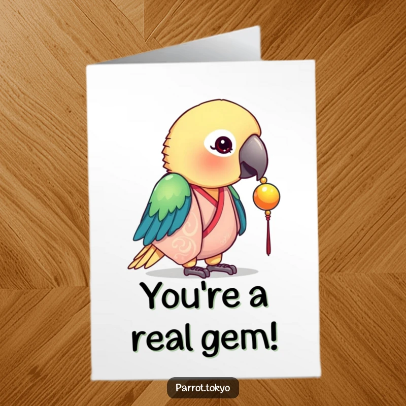 Funny Free Printable Congratulations Card: A curious parrot in a silk kimono pecks at a shiny bead, celebrating success.